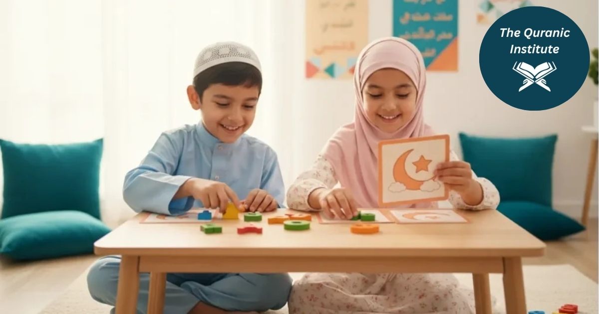 Muslim children playing interactive Quran learning games online to learn Arabic letters and Islamic concepts